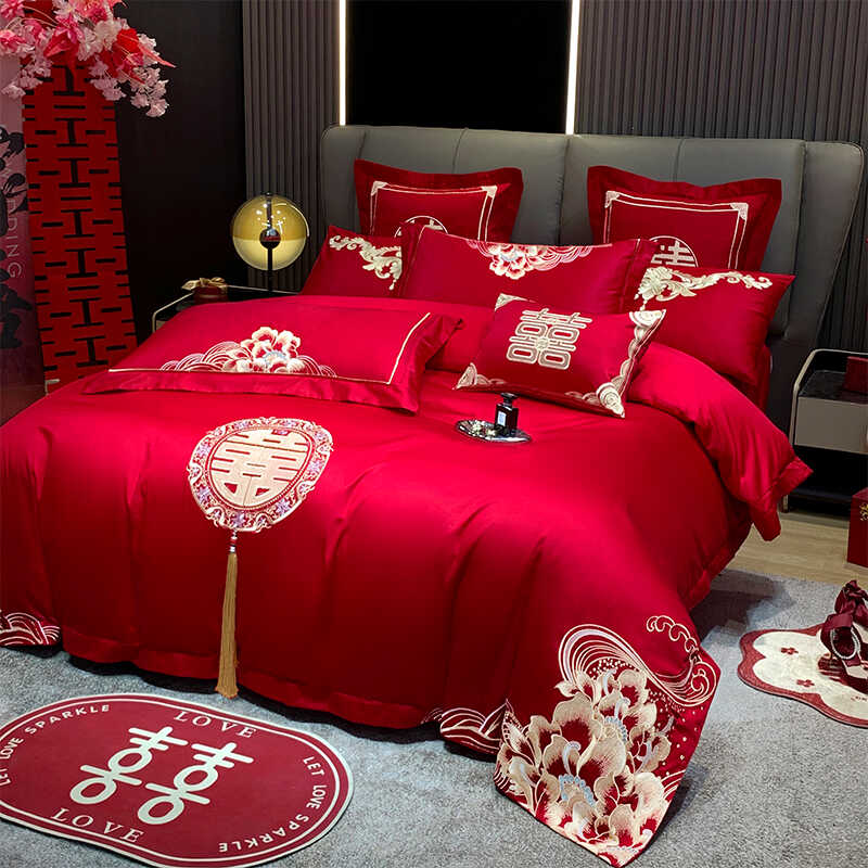 婚庆结婚房床上用品四件套大红色中式龙凤刺绣床单被罩全棉六件套