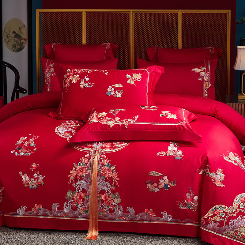 120支高端中式婚庆四件套新疆长绒棉刺绣全棉被套结婚大红色床品4,淘宝优惠券,粉丝福利购,淘宝优惠卷