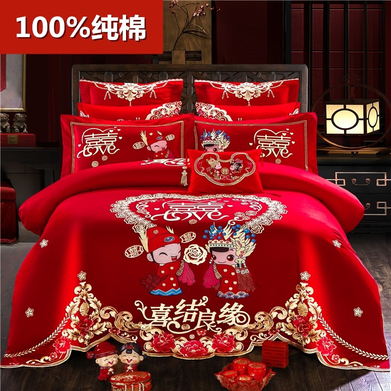 婚庆四件套大红色全棉龙凤刺绣被套中式结婚纯棉陪嫁喜庆床上用品_虎窝淘