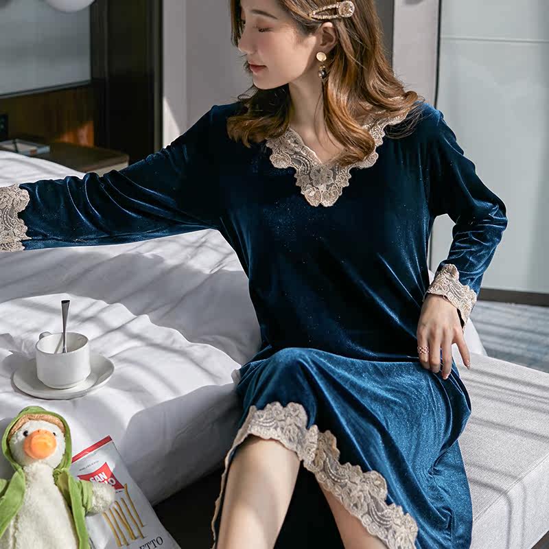 韩版网红睡衣秋冬天长袖睡裙连体衣 丝涵原睡裙