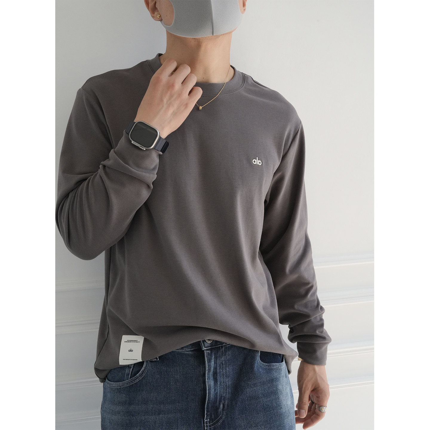 韩版精工字母绣标圆领针织长袖T恤男早秋新款潮牌简约百搭打底衫,淘宝优惠券,粉丝福利购,淘宝优惠卷