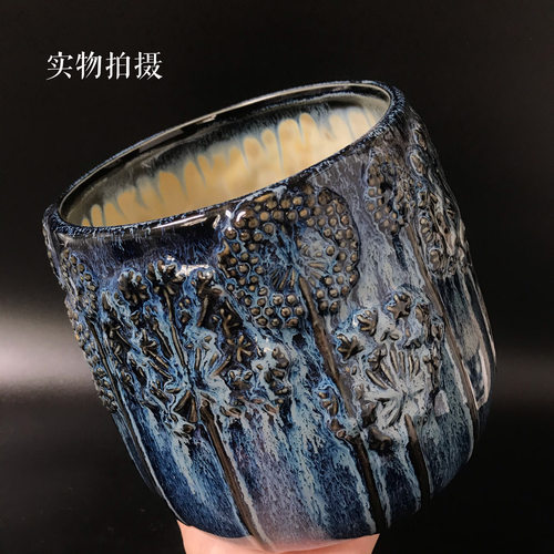 出口美国蒲公英窑变蓝浮雕高档古典陶瓷花盆铜钱草蝴蝶兰别墅室内 - 图0
