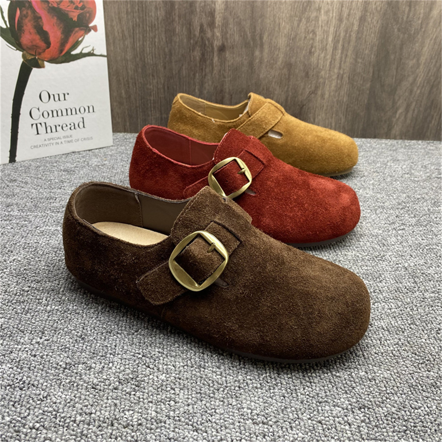 品牌撤柜处理勃肯鞋女真皮2025秋新款鞋子平底磨砂牛皮一脚蹬女鞋,淘宝优惠券,粉丝福利购,淘宝优惠卷