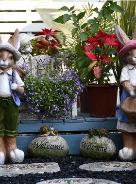 户外乡村花园别墅庭院阳台可爱卡通情侣大兔子花盆落地摆件装饰品