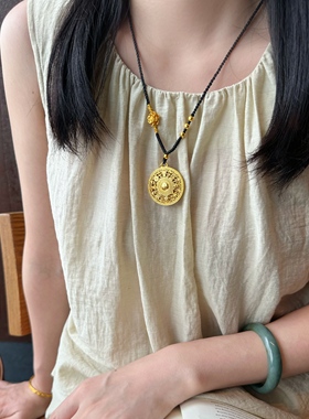 「轻金集」古法沙金 卍福八宝罗盘吊坠手工莲花编绳毛衣项链饰品