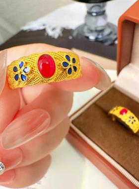 「轻金集」 新中式丨珐琅烧蓝花丝凤华小蓝花开口戒指指环女