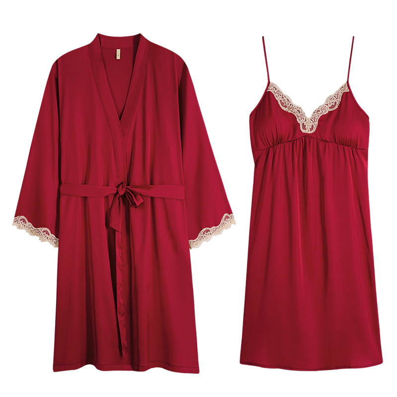 思馨坊情侣睡衣女春夏季冰丝新娘晨袍睡裙红色结婚男士家居服套装,淘宝优惠券,粉丝福利购,淘宝优惠卷