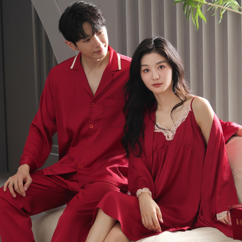 思馨坊情侣睡衣女春夏季冰丝新娘晨袍睡裙红色结婚男士家居服套装,淘宝优惠券,粉丝福利购,淘宝优惠卷