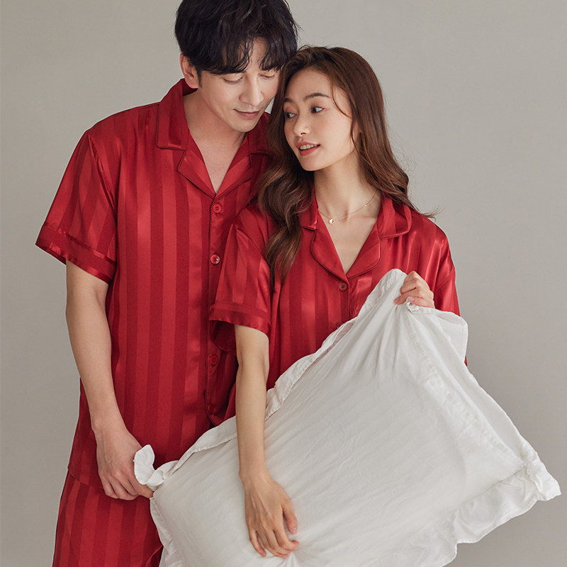 思馨坊情侣睡衣冰丝夏季短袖女款红色结婚新婚男士家居服两件套装,淘宝优惠券,粉丝福利购,淘宝优惠卷
