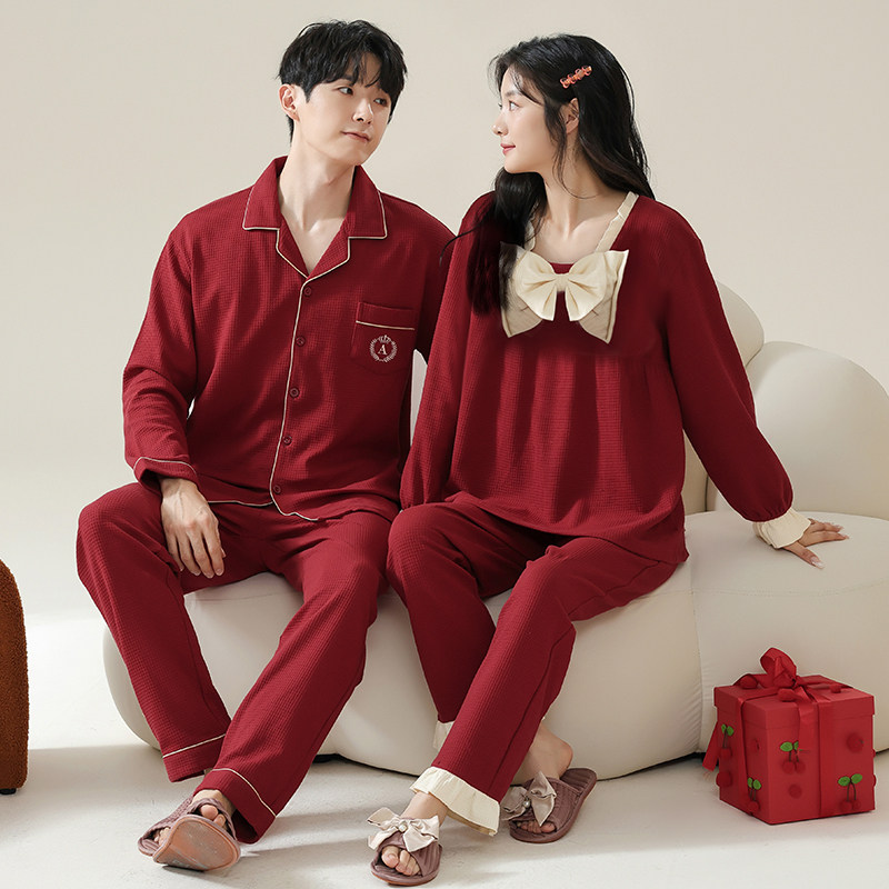 思馨坊情侣睡衣结婚新婚春秋季纯棉长袖华夫格红色男女士家居服冬,淘宝优惠券,粉丝福利购,淘宝优惠卷