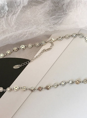 韩国东大门S925纯银复古做旧个性百搭连串双面笑脸手链短款项链