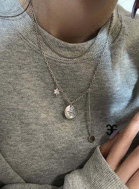 韩国东大门复古纯银圆牌毛衣链