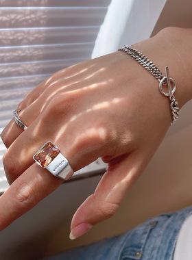 s925纯银luck开口幸运黄钻方钻戒指女小众设计轻奢个性时尚冷淡风