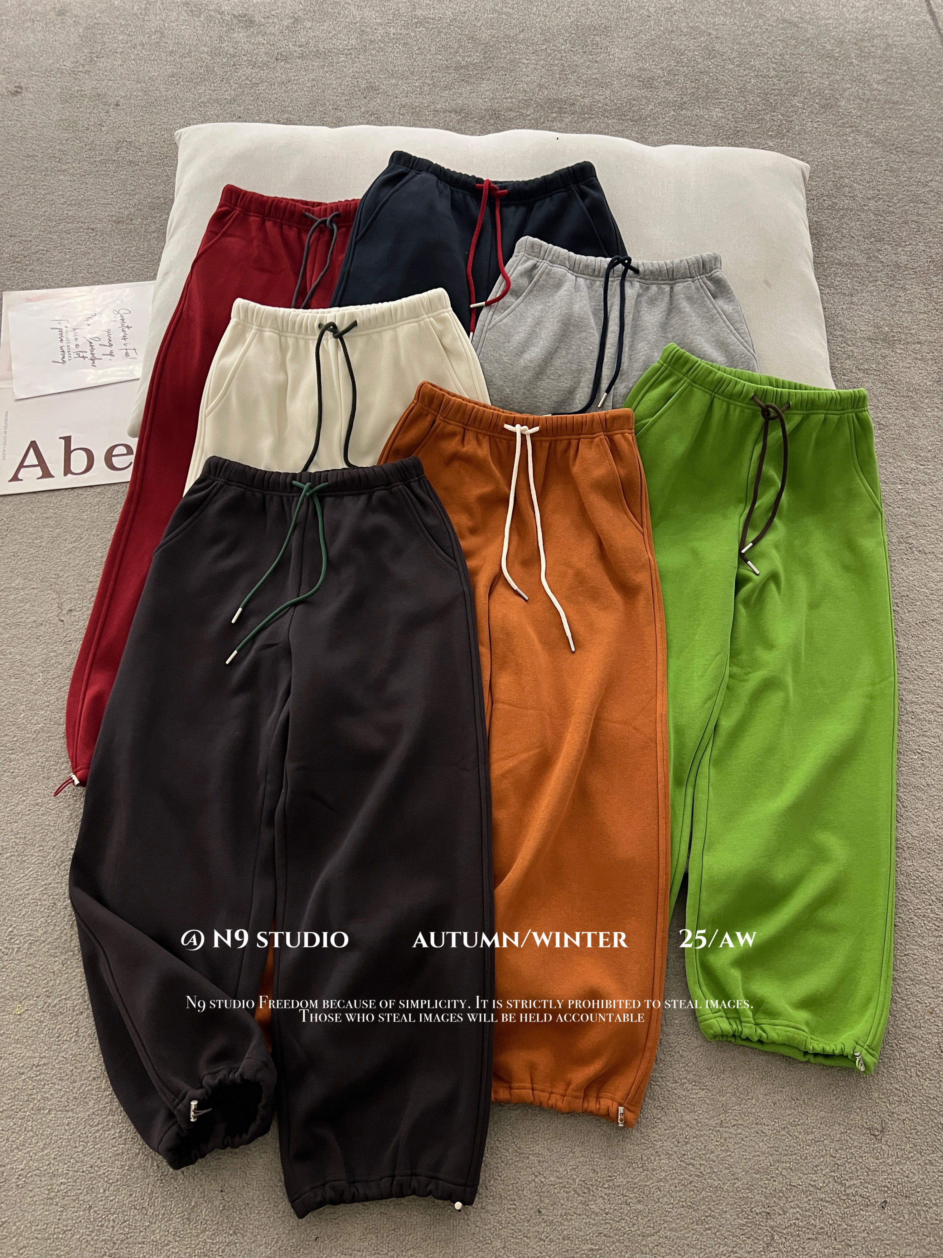 冬季新品N9加绒宽松显瘦彩色百搭运动直筒卫裤抽绳束脚女休闲裤潮 - 图1