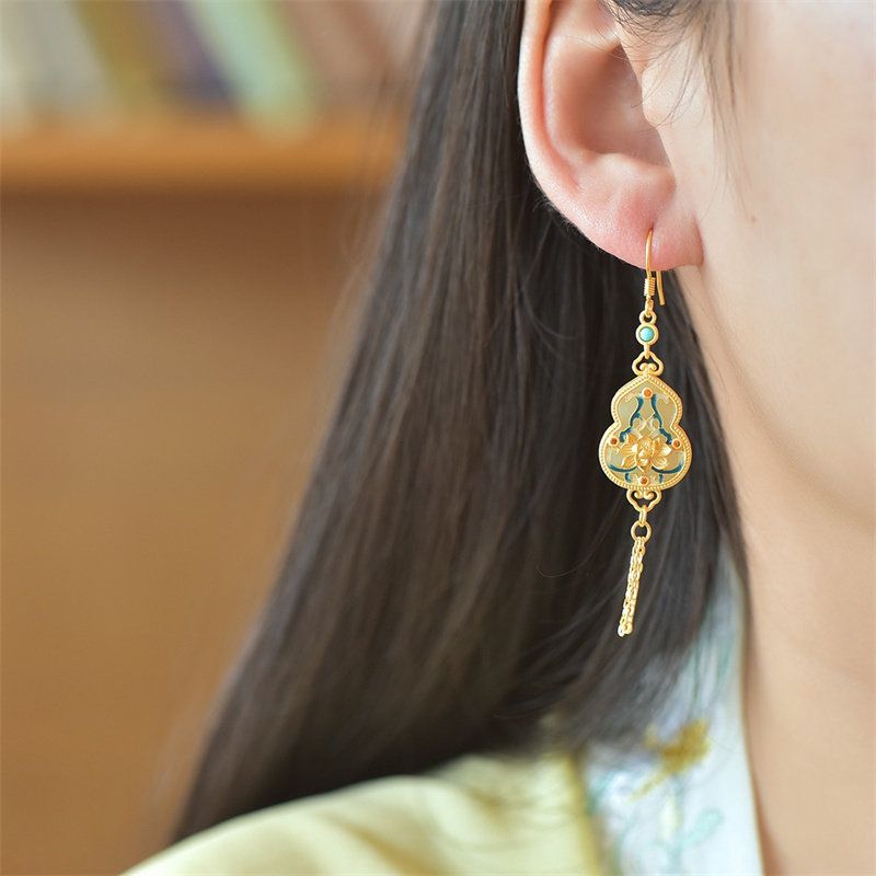 天然和田玉葫芦珐琅配多宝耳坠S925银镶嵌白玉流苏耳饰品国风礼物,淘宝优惠券,粉丝福利购,淘宝优惠卷