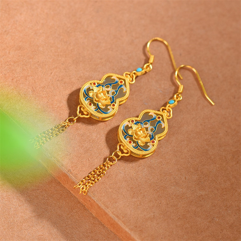 天然和田玉葫芦珐琅配多宝耳坠S925银镶嵌白玉流苏耳饰品国风礼物,淘宝优惠券,粉丝福利购,淘宝优惠卷