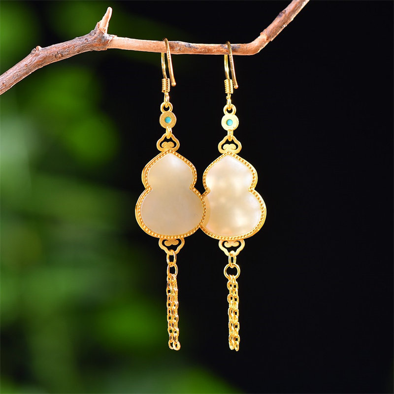 天然和田玉葫芦珐琅配多宝耳坠S925银镶嵌白玉流苏耳饰品国风礼物,淘宝优惠券,粉丝福利购,淘宝优惠卷