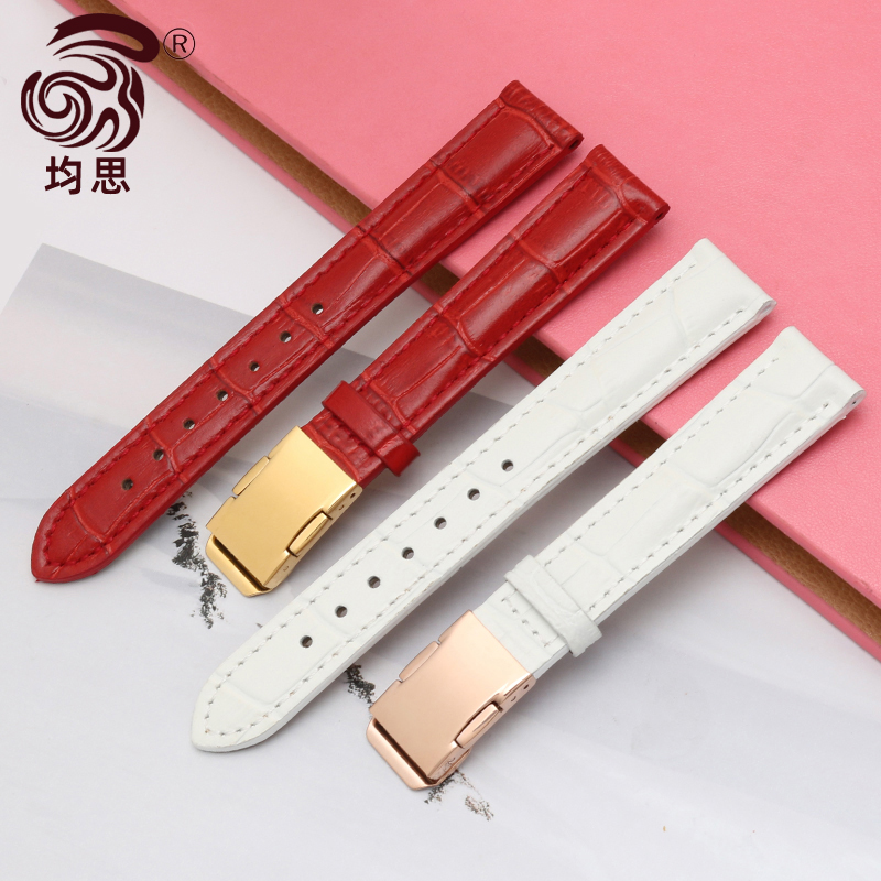 适配卡西欧表带真皮SHEEN系列牛皮女士防水表链白红色SHN-5010 5012 SHE-5023女士手表配件黑棕14 16 18mm - 图0