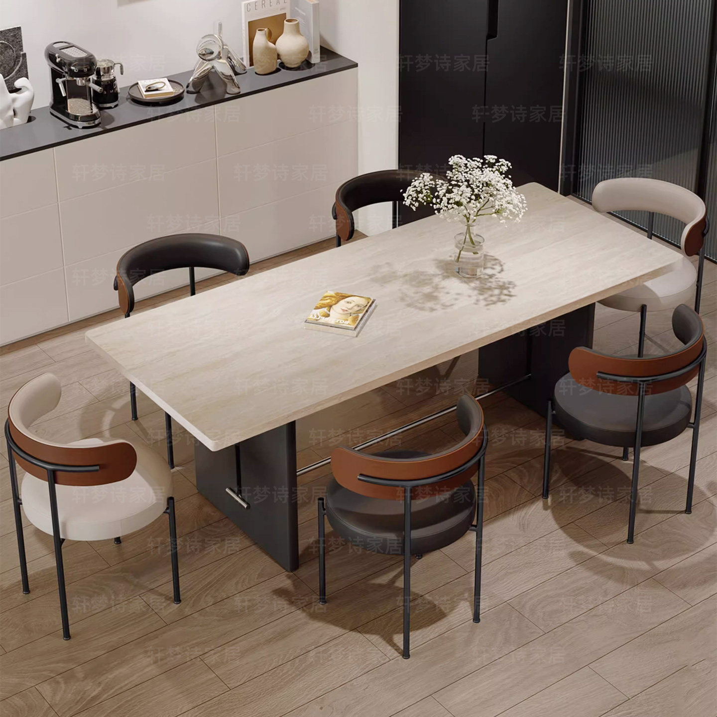 德利丰下挂岩板黑色中古风餐桌椅组合小户型设计师简约现代家用,淘宝优惠券,粉丝福利购,淘宝优惠卷