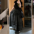 黑白格子半身裙女秋冬新款 胖妹妹mm高腰遮胯显瘦蛋糕a字大摆裙子