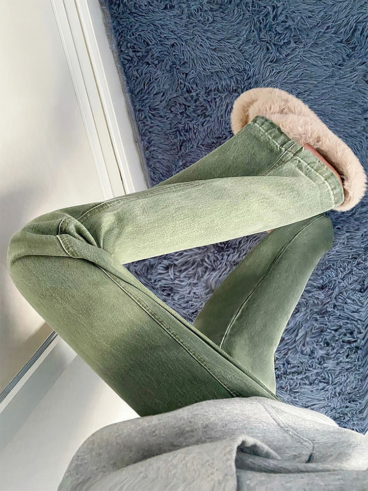 复古绿色牛仔裤女秋冬新款胖妹妹mm高腰显瘦阔腿长裤梨型身材裤子,淘宝优惠券,粉丝福利购,淘宝优惠卷