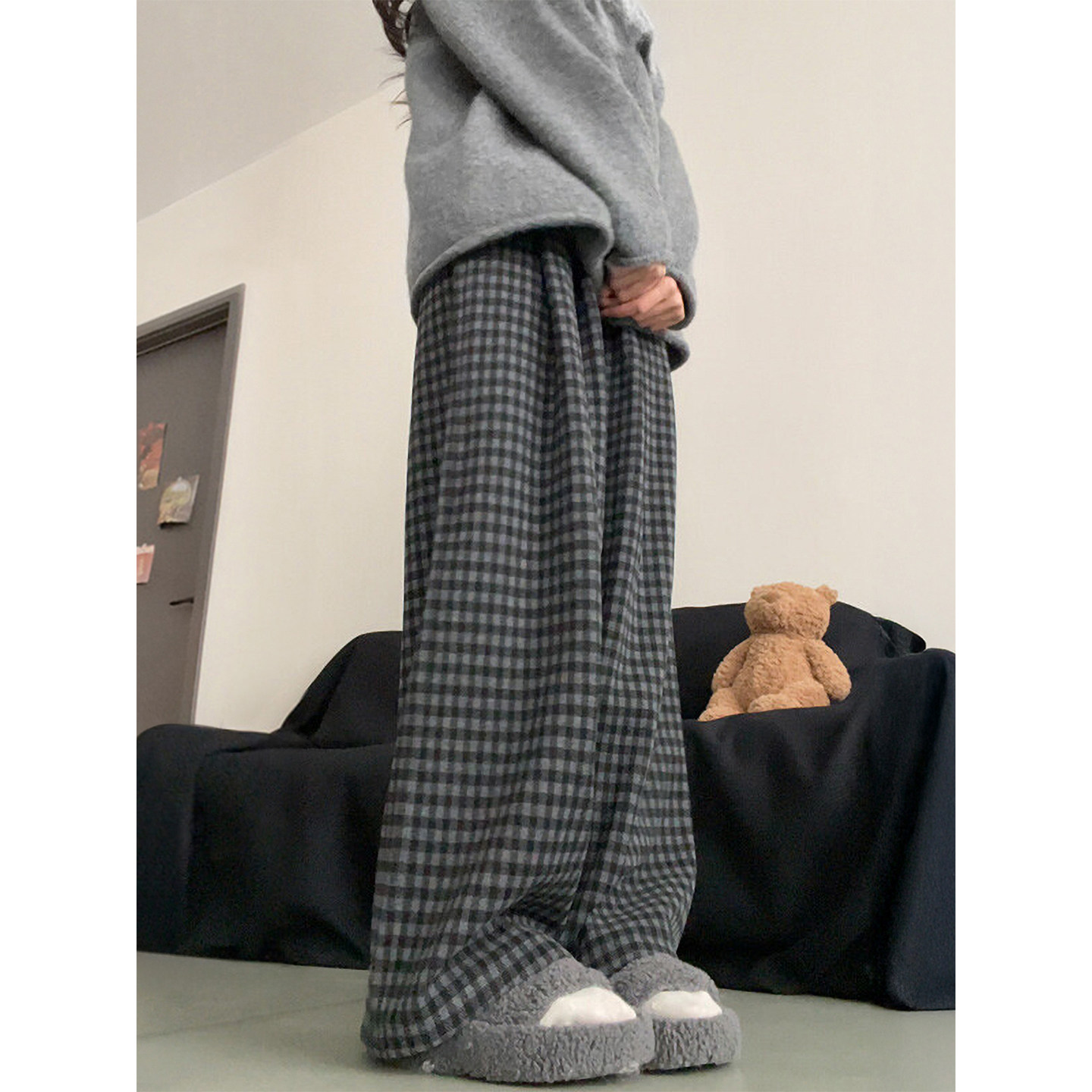 黑灰色格子裤女秋冬加绒胖妹妹mm梨型身材高腰宽松显瘦阔腿休闲裤,淘宝优惠券,粉丝福利购,淘宝优惠卷