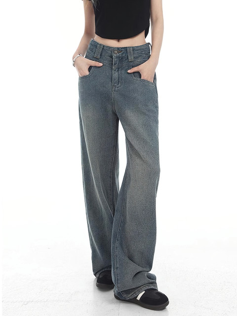 American retro blue straight jeans Girl Spring New Big Sister MM high waist covering thin legs long pants