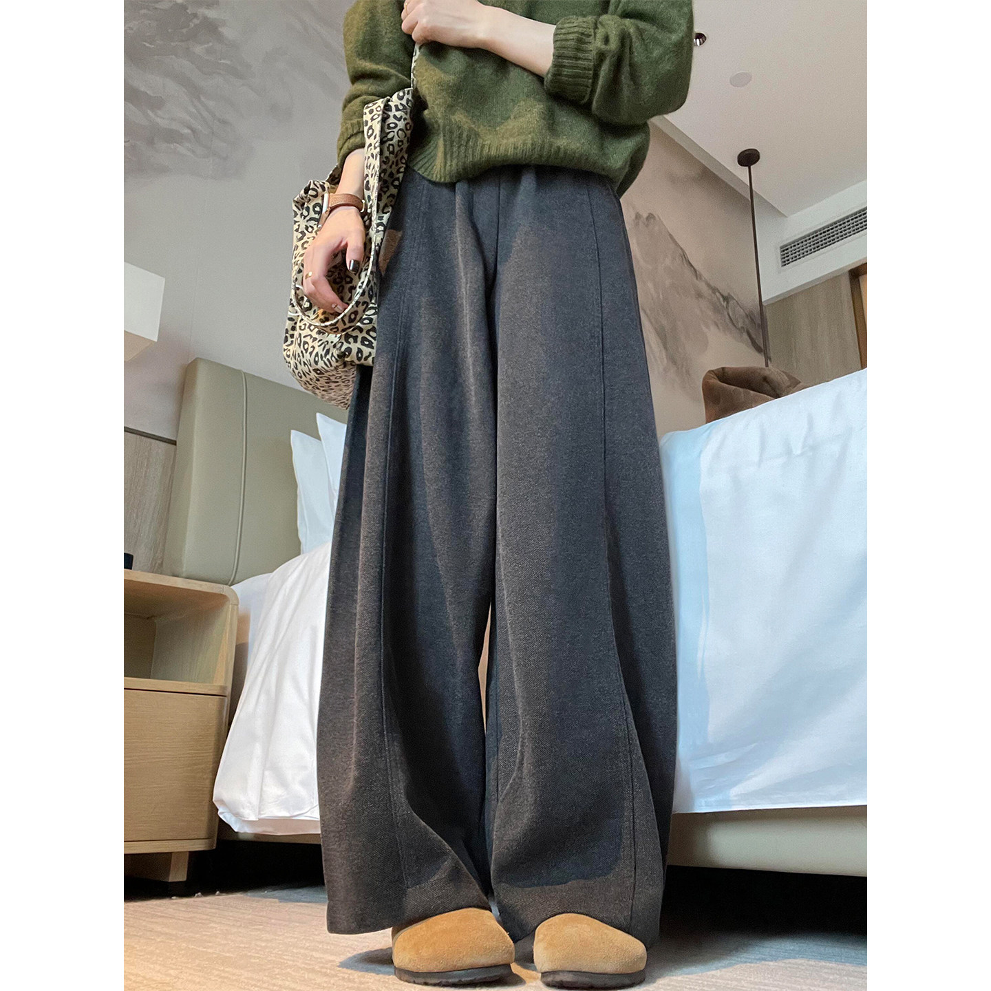 深灰色毛呢阔腿裤女秋冬加绒胖妹妹mm高腰遮胯显瘦梨型身材休闲裤,淘宝优惠券,粉丝福利购,淘宝优惠卷