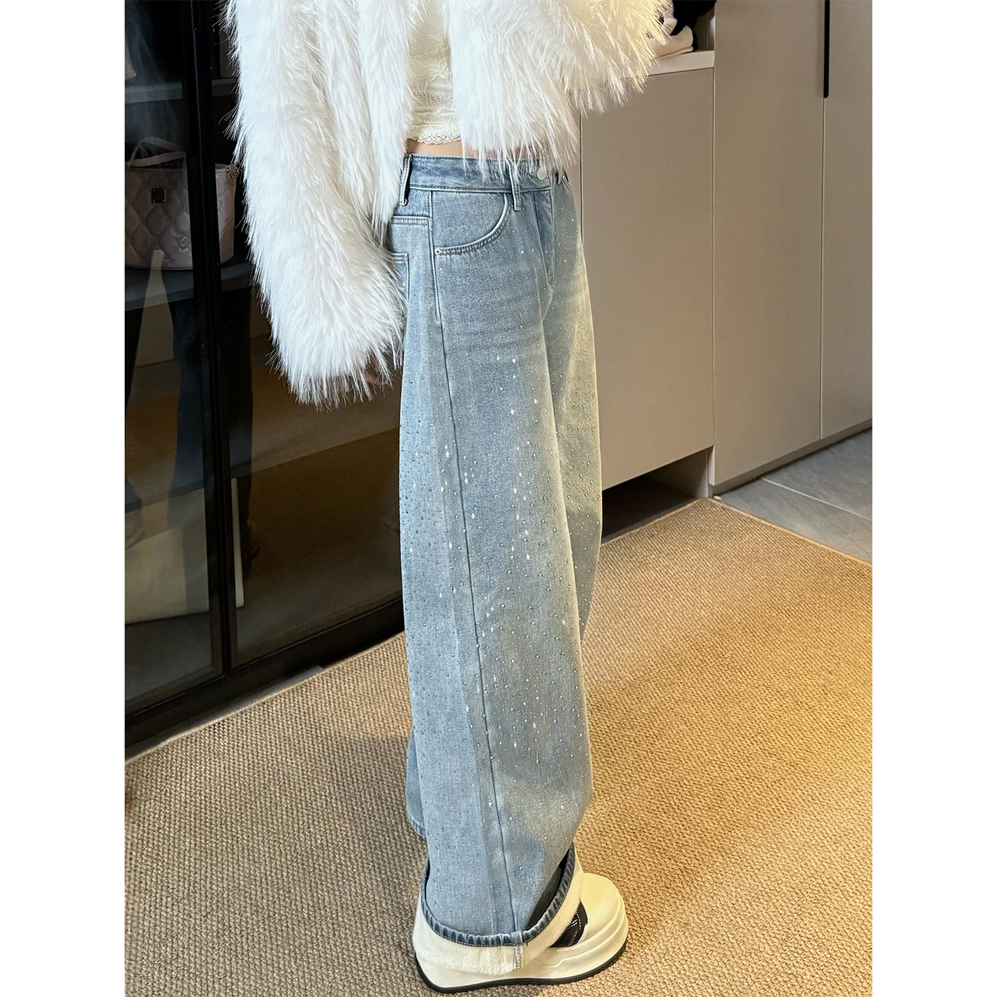 美式复古满天星烫钻牛仔裤女秋冬加绒胖妹妹mm设计感高腰阔腿长裤,淘宝优惠券,粉丝福利购,淘宝优惠卷