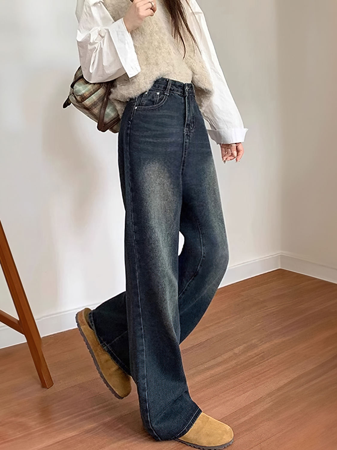 蓝灰色微喇牛仔裤女秋冬新款胖妹妹mm高腰宽松显瘦梨型身材长裤子,淘宝优惠券,粉丝福利购,淘宝优惠卷