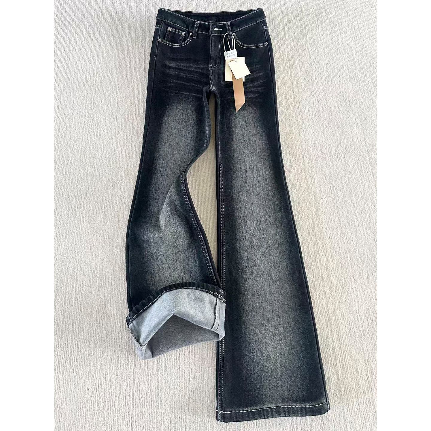 美式蓝黑色复古微喇牛仔裤女冬季加绒加厚胖mm高腰弹力显瘦喇叭裤,淘宝优惠券,粉丝福利购,淘宝优惠卷