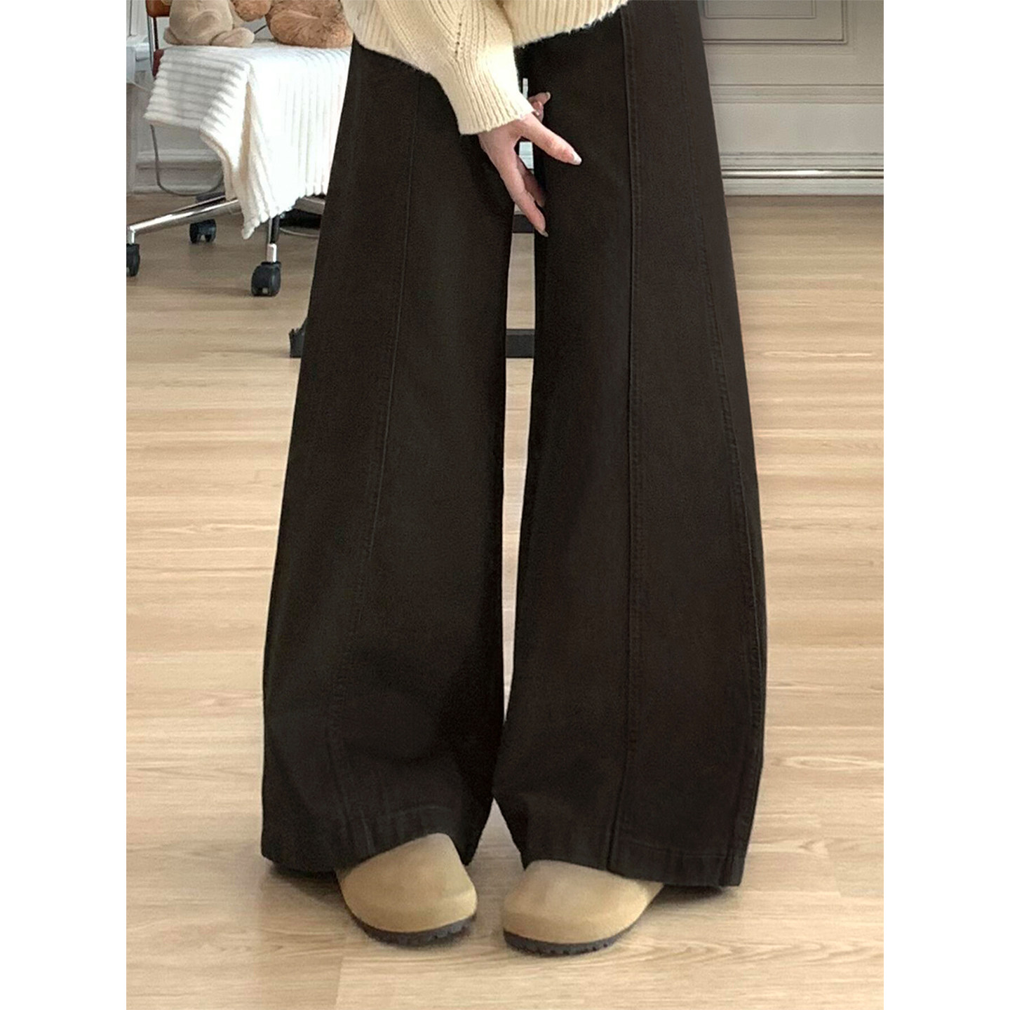 美拉德咖色阔腿牛仔裤女秋冬新款胖妹妹mm高腰宽松显瘦直筒长裤子,淘宝优惠券,粉丝福利购,淘宝优惠卷