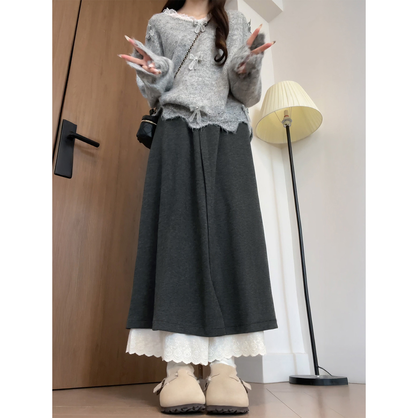 深灰色蕾丝拼接裙裤女秋冬新款胖妹妹mm高腰宽松显瘦毛呢阔腿裤子,淘宝优惠券,粉丝福利购,淘宝优惠卷