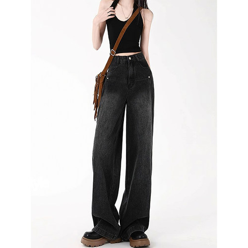 黑灰色直筒牛仔裤女秋冬加绒胖妹妹mm高腰宽松显瘦阔腿拖地长裤子 - 图0