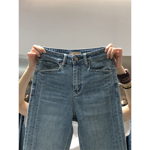 梨型身材开叉直筒牛仔裤女秋冬新款胖妹妹mm高腰显瘦烟管九分裤子 - 图0