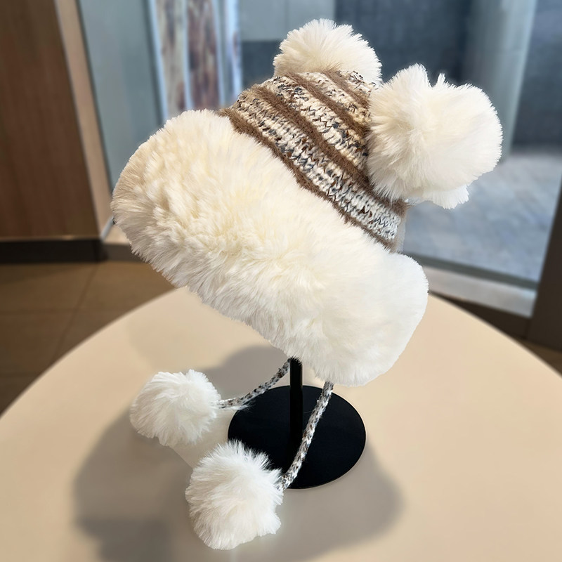 可爱毛球护耳针织帽女冬季加绒加厚保暖包头帽户外防寒防风毛绒帽,淘宝优惠券,粉丝福利购,淘宝优惠卷