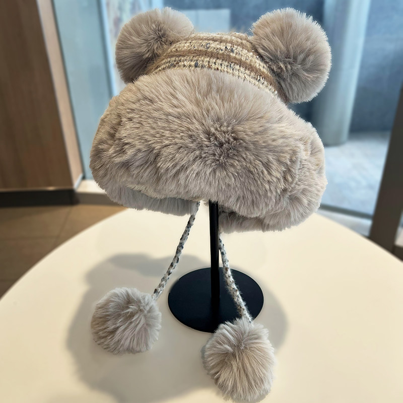 可爱毛球护耳针织帽女冬季加绒加厚保暖包头帽户外防寒防风毛绒帽,淘宝优惠券,粉丝福利购,淘宝优惠卷