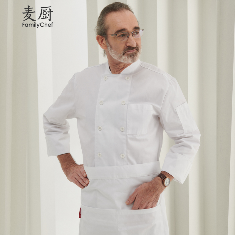 酒店厨师服夏季短袖纯白透气双排扣厨房工作服食堂餐厅饭店七分袖