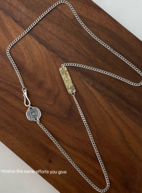 S925纯银重工做旧福长佛牌钩扣侧身链项链潮流嘻哈男女古巴单链