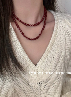 S925纯银安可拉红色串珠长款元宝扣毛衣链女新款叠戴配饰简约秋冬