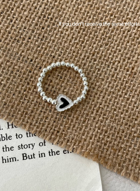 S925纯银光珠黑色爱心弹力戒指ins小众设计百搭简约高级感轻奢