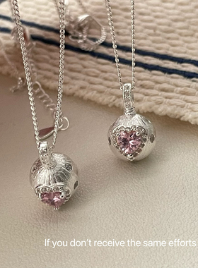 S925纯银拉丝小银球粉色爱心项链小众高级精致项链女ins简约