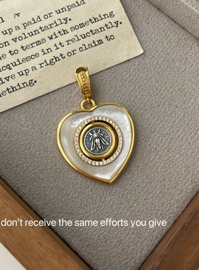 S925纯银女王蜜蜂AB面古币白贝边心形爱心金色吊坠女仅吊坠