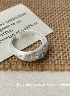 S925纯银星芒点钻心形海蓝宝钻戒意大利风轻奢高级感爱心戒指小众