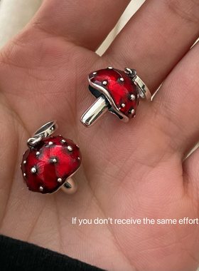 S925纯银红色滴油蘑菇吊坠女复古做旧时髦百搭小众设计百搭高级