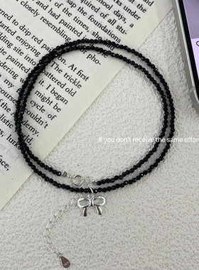 S925纯银黑色圆珠编织蝴蝶结项链ins气质高级感小众设计百搭