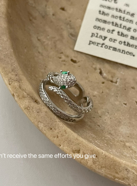 S925纯银绿眼灵蛇微镶开口戒指冷淡风食指戒轻奢个性风潮指环