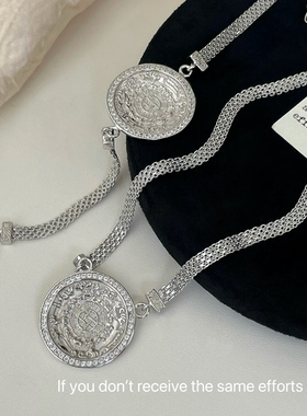 S925纯银八宝罗盘圆牌编织蕾丝抽拉手链项链ins小众设计感高级感