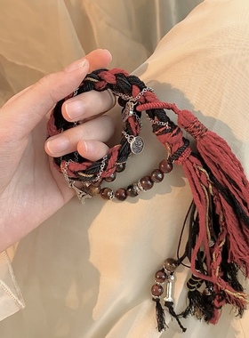 异域风新中式编织手串拉萨藏红色复古饰品藏式手链民族风