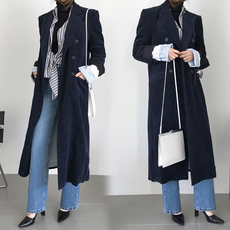 韩国2020春装新款chic过膝条绒大衣 珞袈风衣